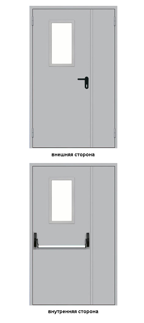 Противопожарная дверь стальная с остеклением 400мм*300мм  двупольная (двухстворчатая)  с системой «Антипаника» ДПМОА2-EI60